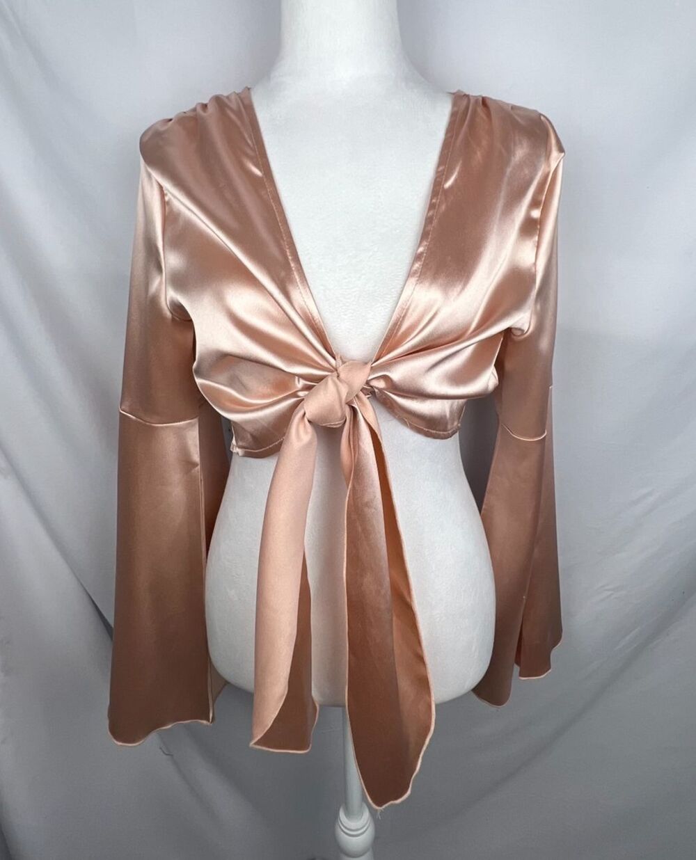 Shein Satin Tie Front Crop Top Womens M 6 Rose Gold Bell Sleeve Blouse Romantic
